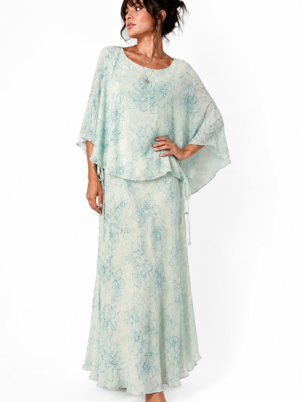 Adrianna Papell 2 Piece Maxi Skirt Top Set Floral Chiffon Cape Poncho Fairy XL
